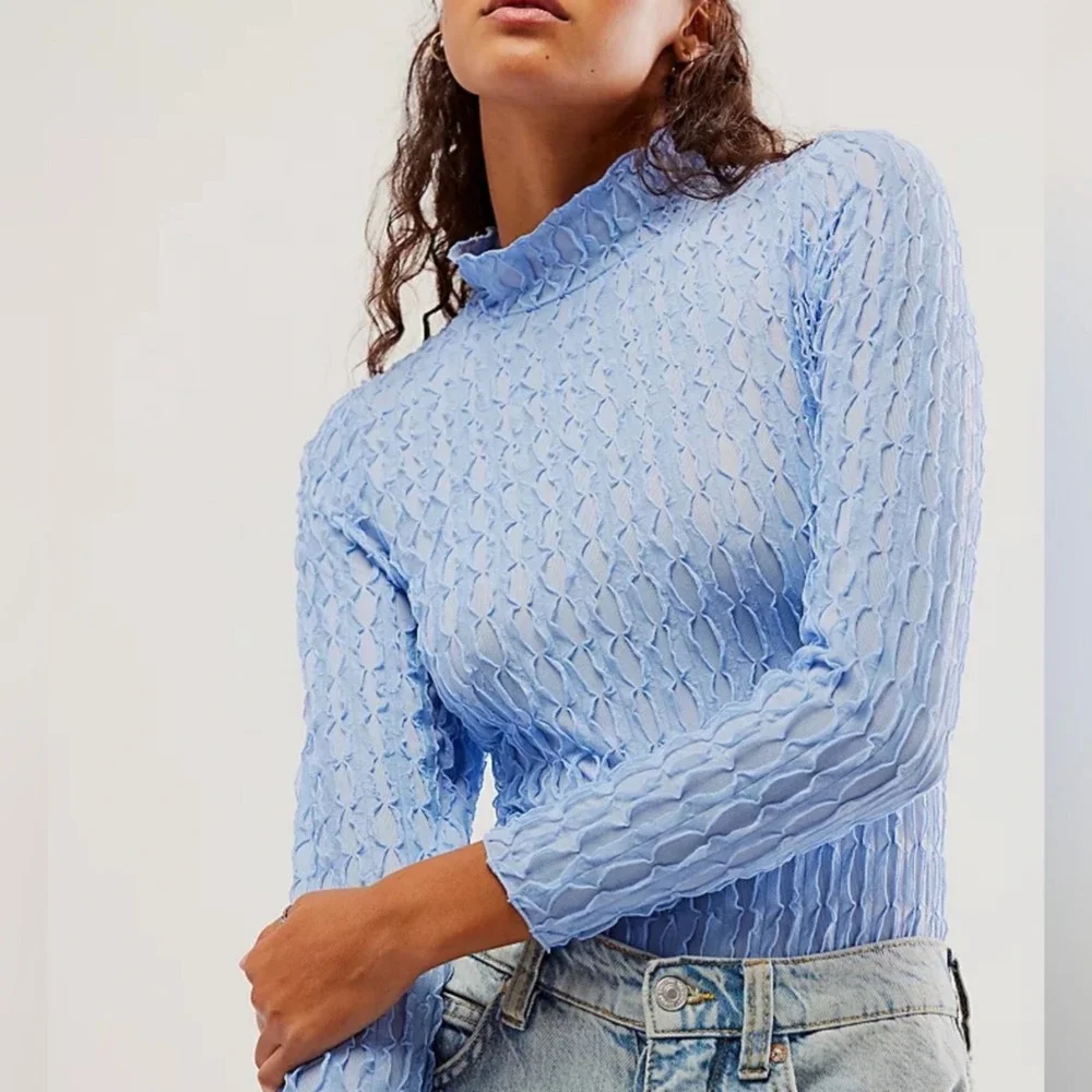 Free People Party Favor Bodysuit Top Breezy Blue Textured Mock Neck XL NEW